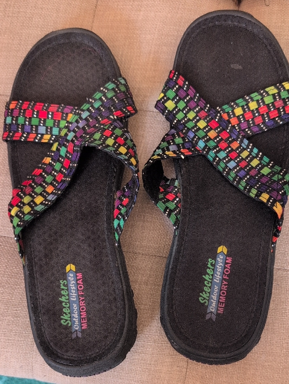 Skechers Women's Black Sandals with Multicolor Woven Straps